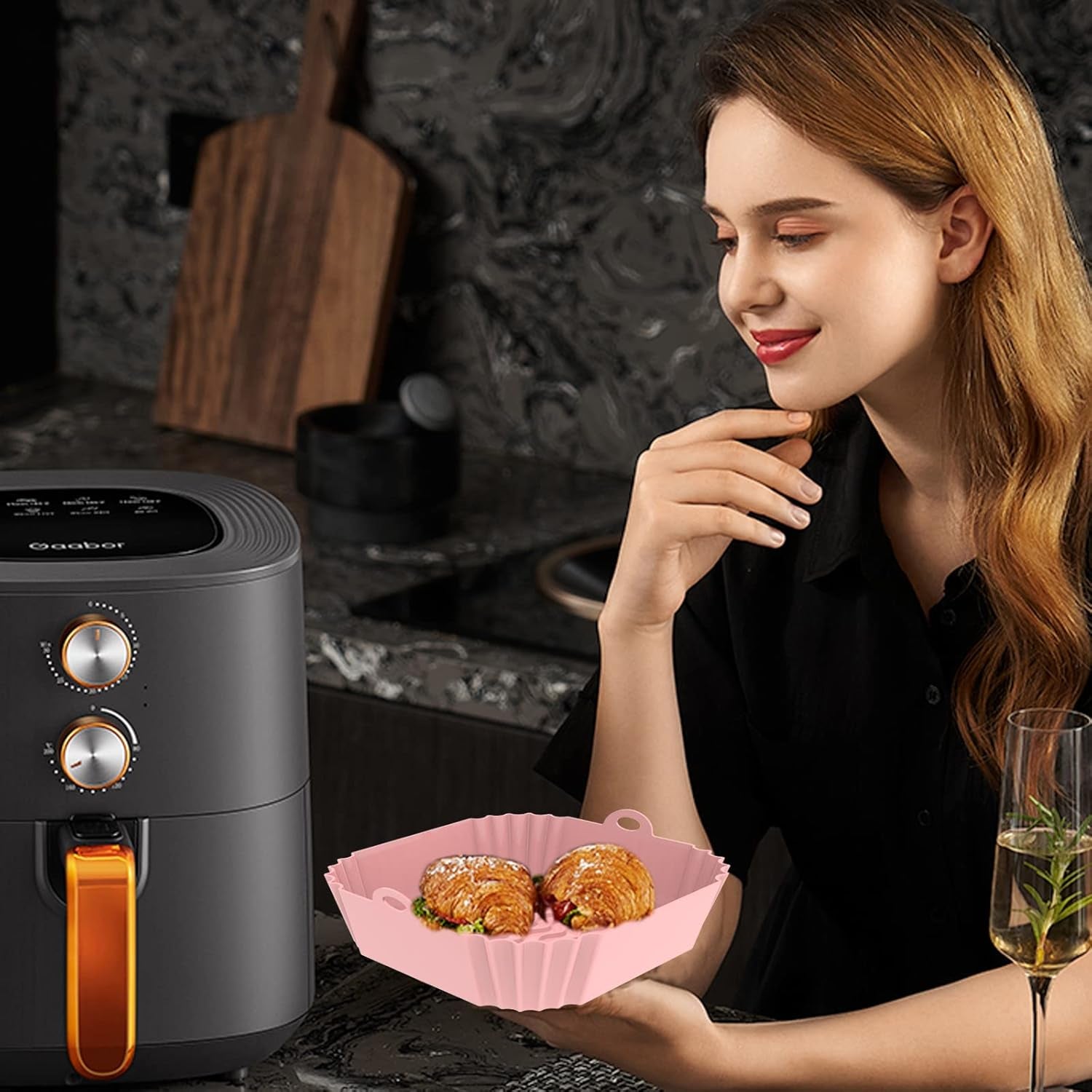 8 Inch Square Silicone Air Fryer Liners (2 Pack) Pink & Grey Reusable Non-Stick Inserts with Handles for Mess-Free Cooking & Heat Resistance – for Airfryer Ninja COSORI Instant Vortex & More