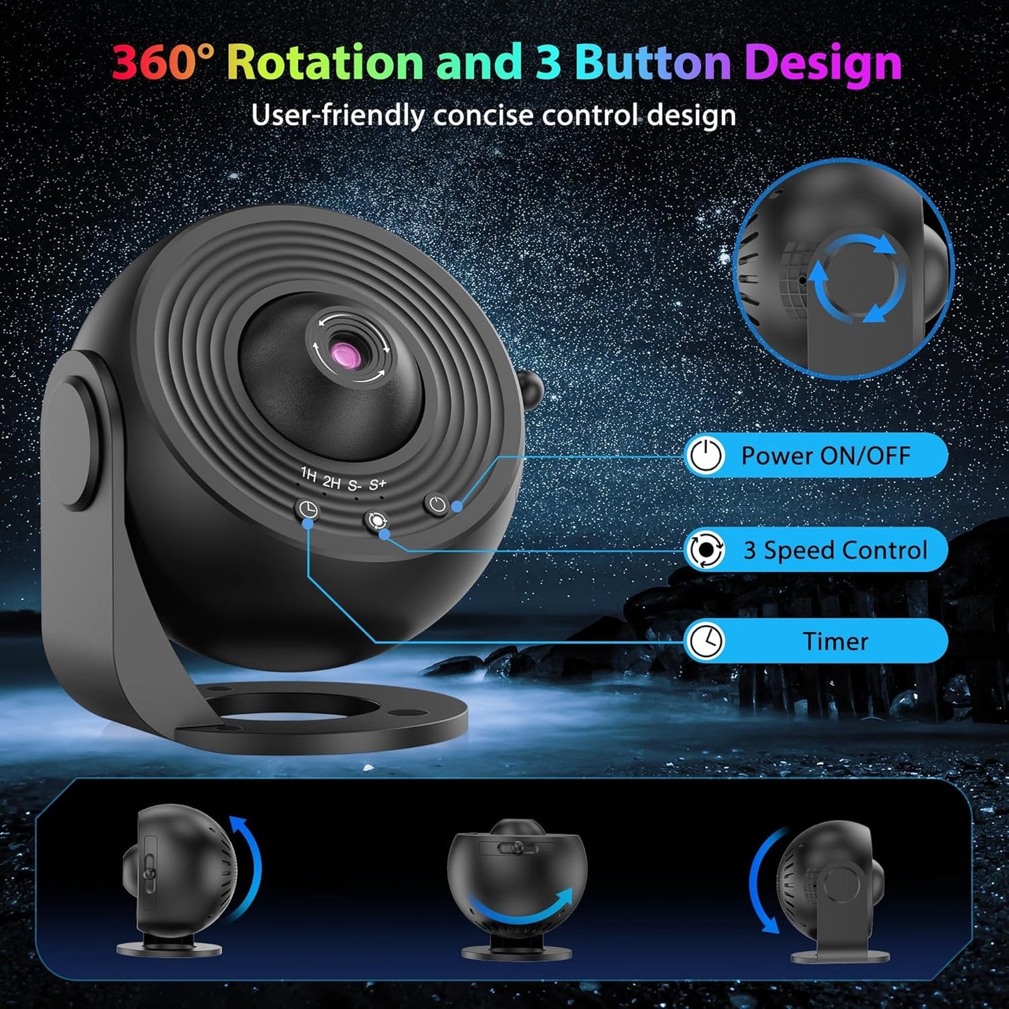Galaxy Projector for Bedroom, HD Image Star Projector Galaxy Light Adjustable Knob, 13 Film Discs Planetarium Projector for Kids, 360° Rotating 1/2H Timer Simple 3-Button Control Deep Black