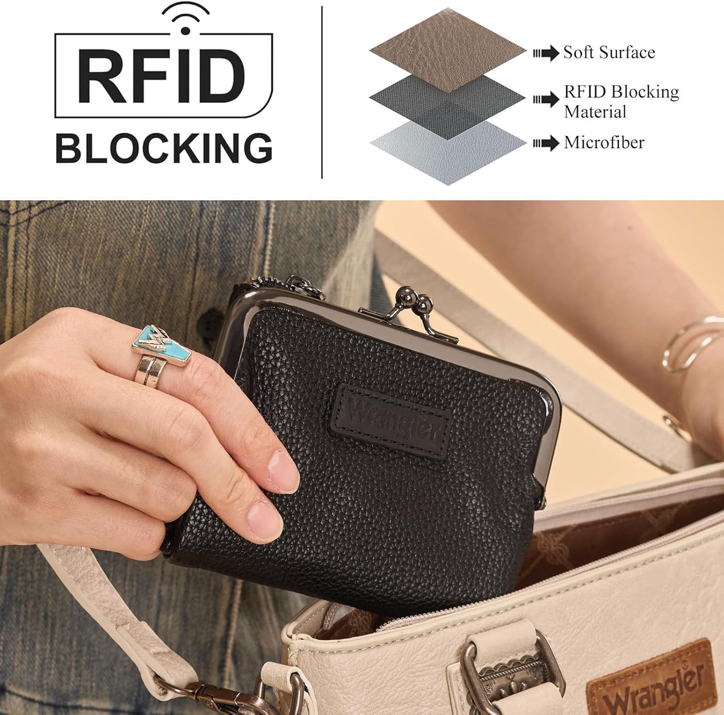 Wrangler Women'S Wallet RFID Blocking Wallets Small Bifold Credit Card Holder with Kiss Clasp Black