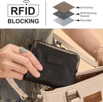Wrangler Women'S Wallet RFID Blocking Wallets Small Bifold Credit Card Holder with Kiss Clasp Black