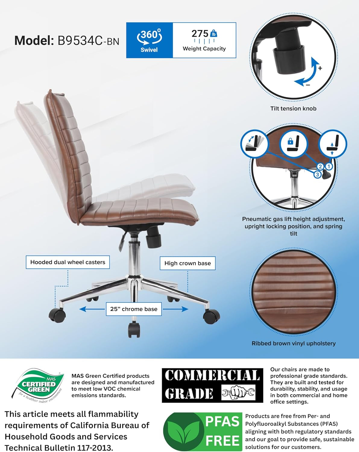 Modern Vinyl Armless Hospitality Office Chair, Brown
