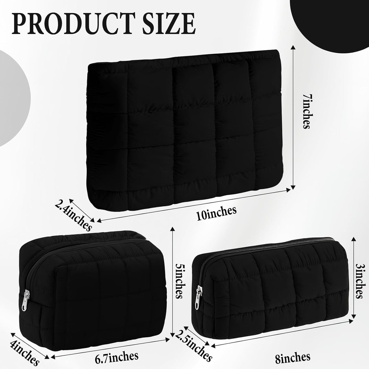 3Pcs Quilted Makeup Bag for Women Puffy Cosmetic Bags Cute Checkered Travel Toiletry Bag Puffer Makeup Pouch for Purse Pencil Case Zipper Puffer Skincare Brushes Storage Organizer(Black)