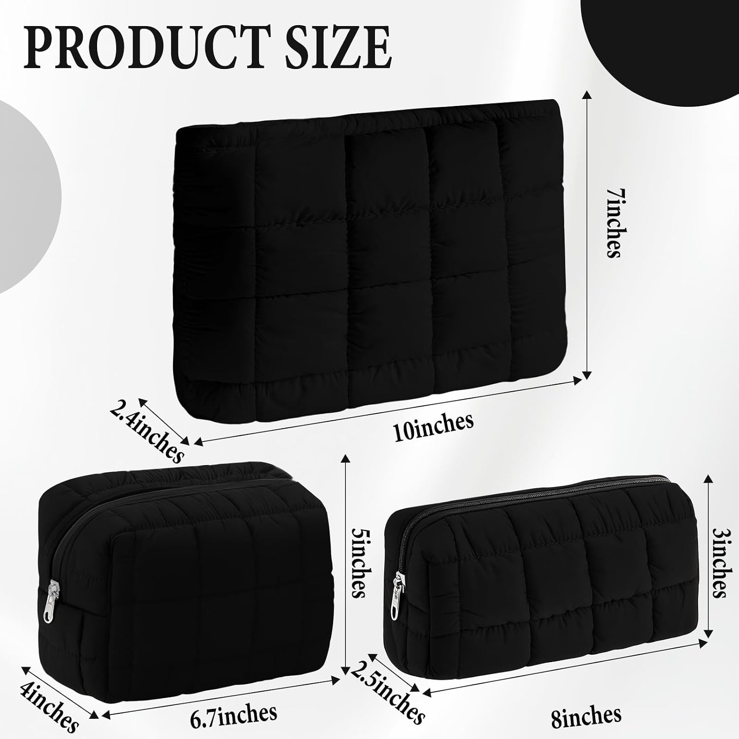 3Pcs Quilted Makeup Bag for Women Puffy Cosmetic Bags Cute Checkered Travel Toiletry Bag Puffer Makeup Pouch for Purse Pencil Case Zipper Puffer Skincare Brushes Storage Organizer(Black)