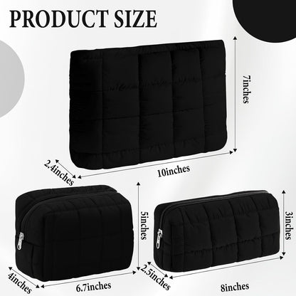 3Pcs Quilted Makeup Bag for Women Puffy Cosmetic Bags Cute Checkered Travel Toiletry Bag Puffer Makeup Pouch for Purse Pencil Case Zipper Puffer Skincare Brushes Storage Organizer(Black)