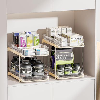 2-Tier Multi-Purpose Bathroom under Sink Organizers and Storage, Stackable Kitchen Pantry Organization, Pull Out Medicine Cabinet Organizer with Movable Dividers, Beige, 4 Pack