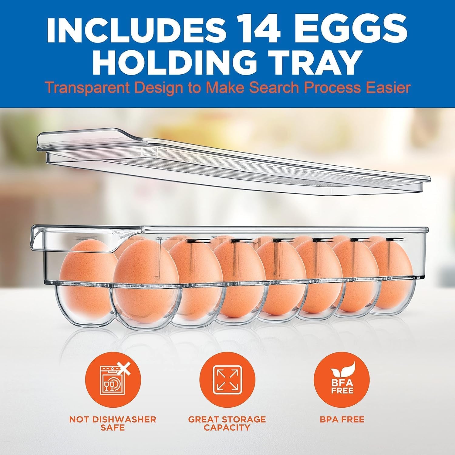 Refrigerator Organizer Bins 6-Piece - Plastic Storage Bins with Egg Holder - for Fridge, Freezer, Kitchen, Cabinet, Countertops, Pantry - Stackable Food & Drink Containers, 14.5"X7" - Clear