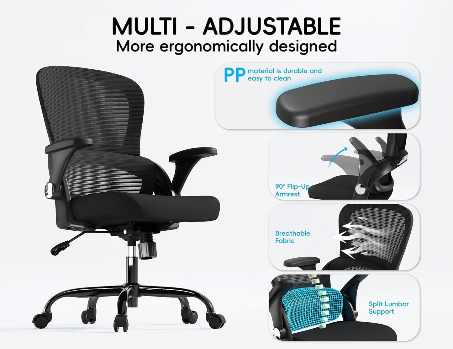 Office Chair - Ergonomic Office Chair with Back Support, Home Office Desk Chairs, 330Lbs Wide Seat Big and Tall Office Chairs, Comfy Desk Chair for Work, Study, Office, Gaming (Black)