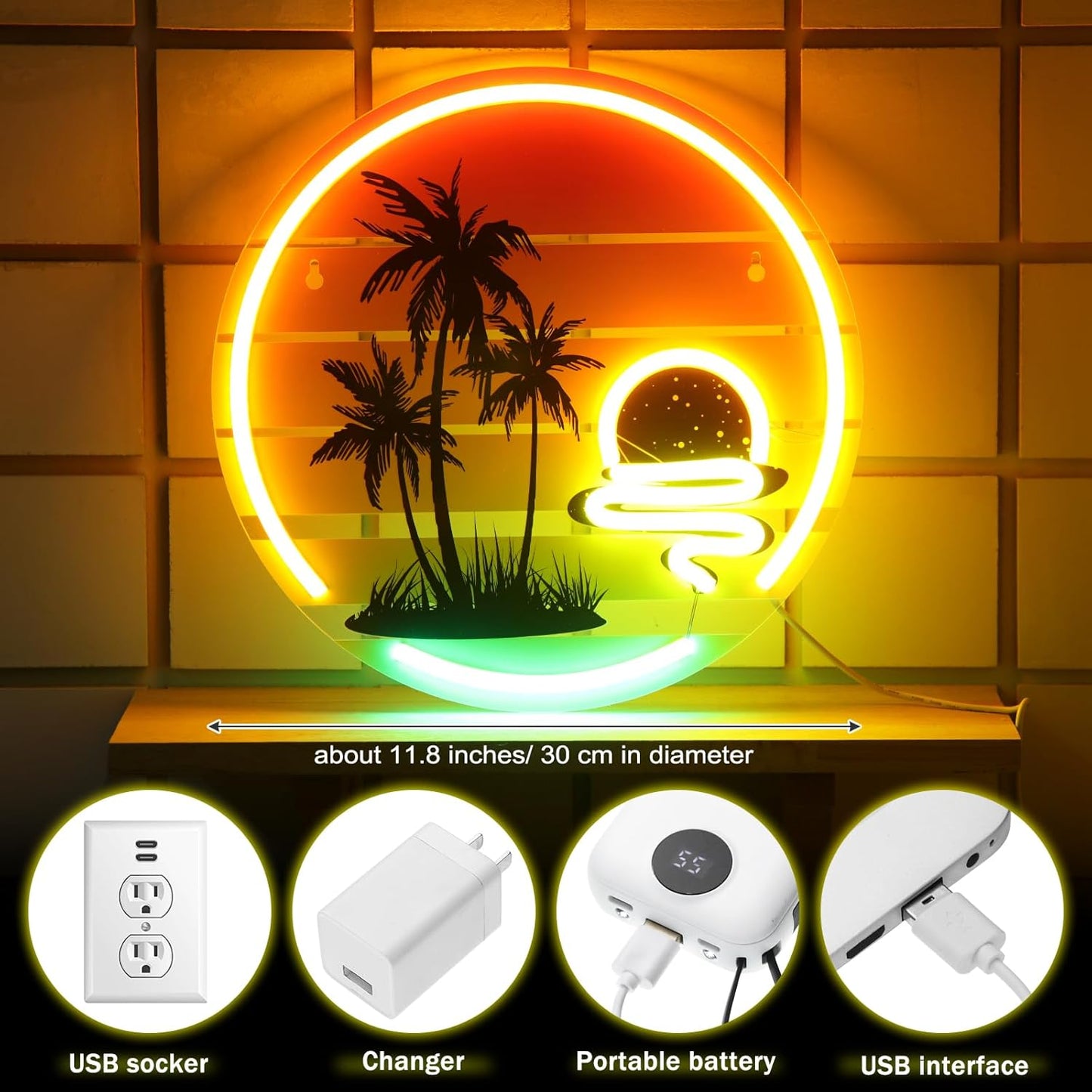 Palm Tree Sunset Neon Sign Neon Light for Wall Decor 11.8 Inch Neon Tropical Sig
