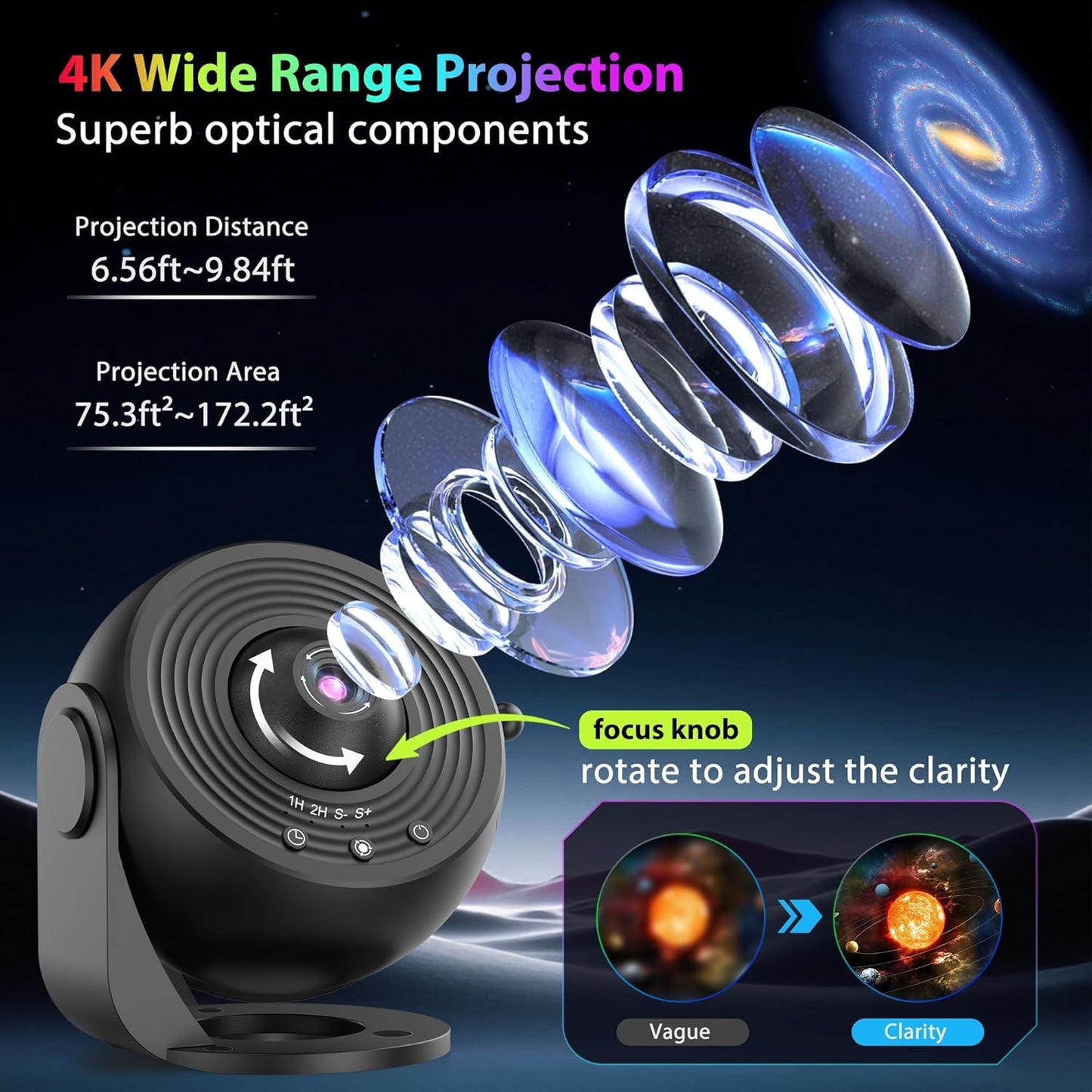Galaxy Projector for Bedroom, HD Image Star Projector Galaxy Light Adjustable Knob, 13 Film Discs Planetarium Projector for Kids, 360° Rotating 1/2H Timer Simple 3-Button Control Deep Black
