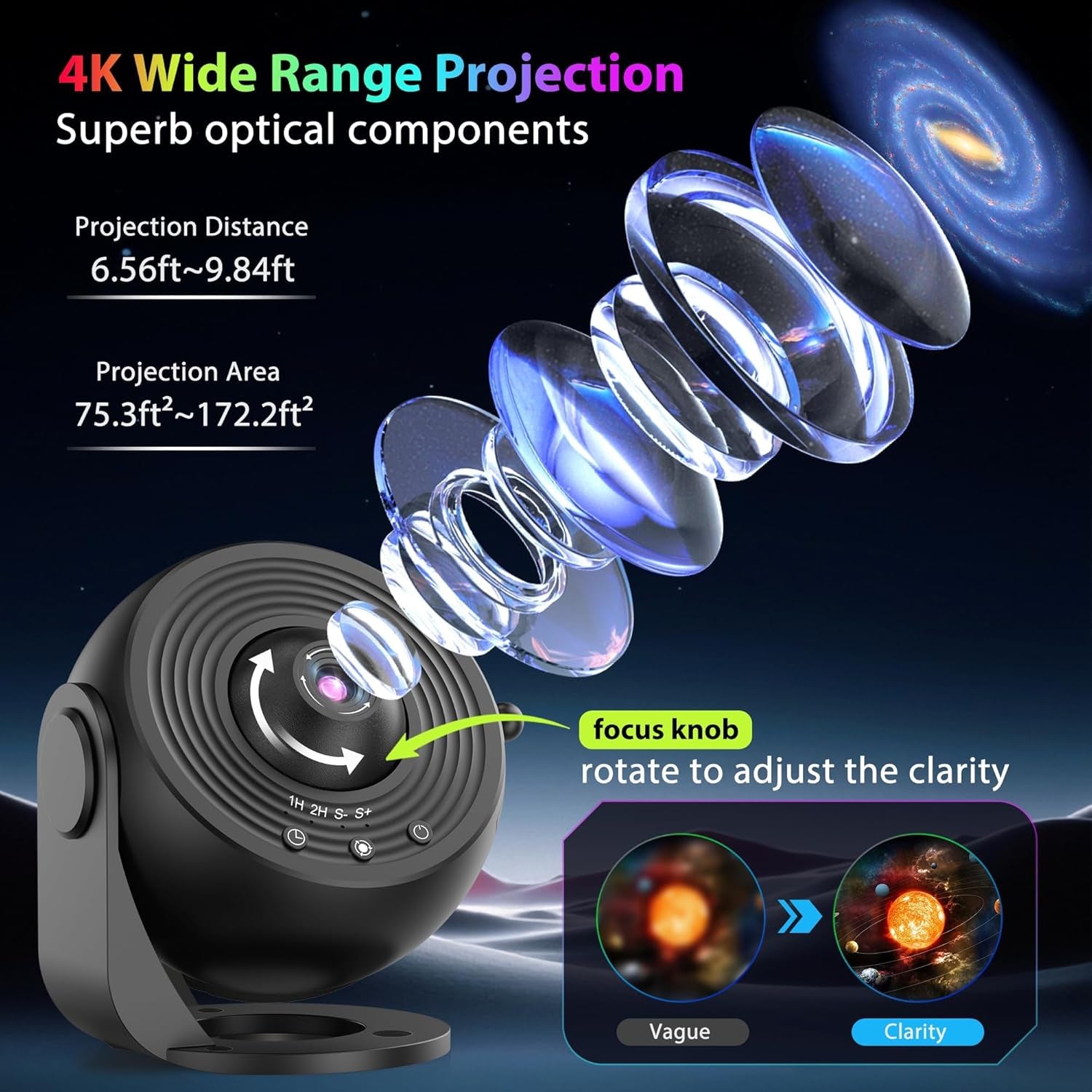 Galaxy Projector for Bedroom, HD Image Star Projector Galaxy Light Adjustable Knob, 13 Film Discs Planetarium Projector for Kids, 360° Rotating 1/2H Timer Simple 3-Button Control Deep Black