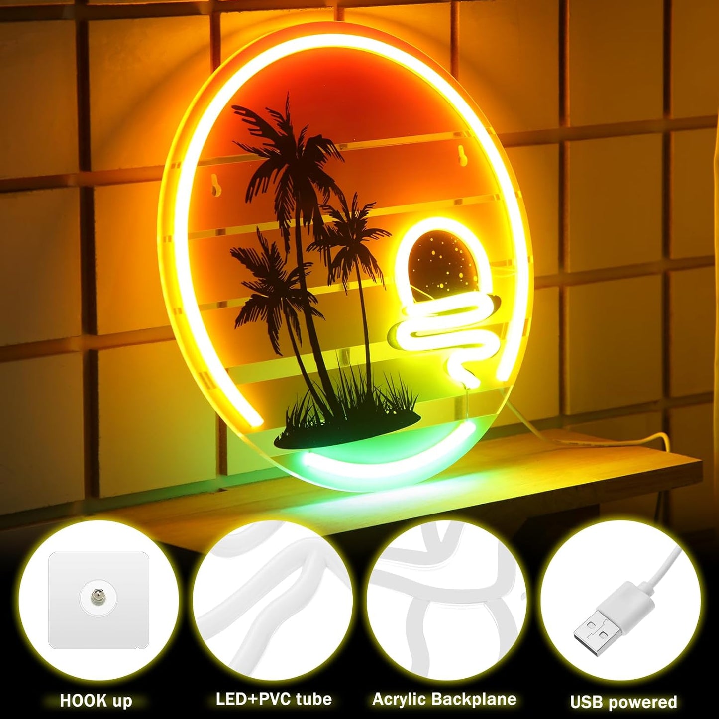 Palm Tree Sunset Neon Sign Neon Light for Wall Decor 11.8 Inch Neon Tropical Sig