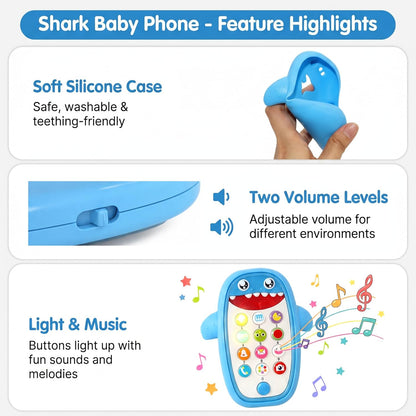 Baby Shark Cell Phone Toy Removable Teether Case, Light, Music Adjustable Volume Kid Play Learn Fake Phone Infant Toddler, Preschool Holiday Birthday Present Gift for Girl Boy 12 Months (Blue)
