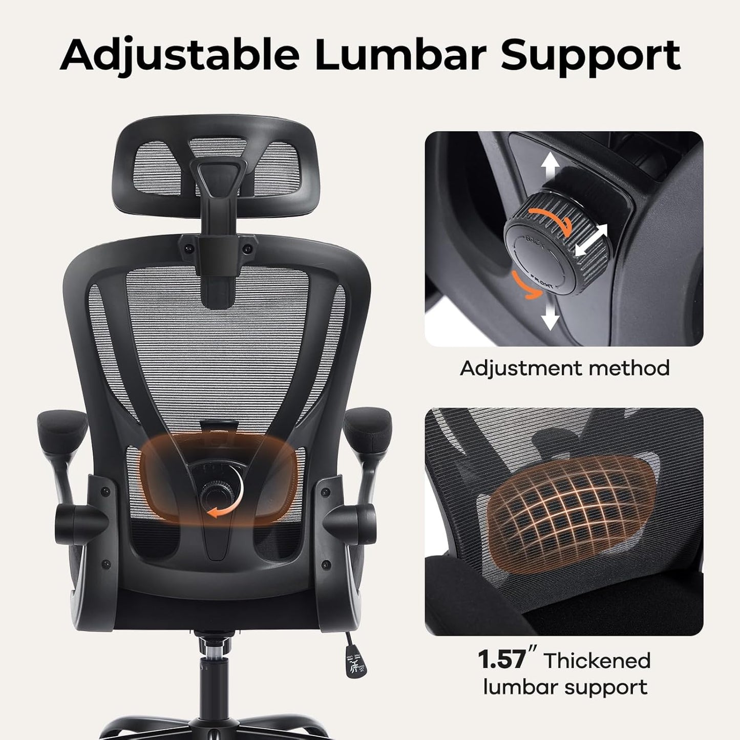 Office Chair Ergonomic Office Chair with Lumbar Support, Head Support, Rocking Function, Filp-Up Armrests, Mesh High Back Chair Home Office Desk Chair, Suitable for Home, Office, Black
