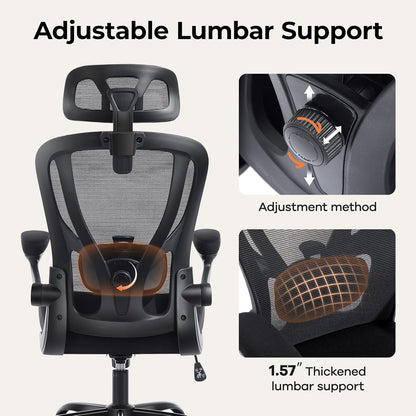 Office Chair Ergonomic Office Chair with Lumbar Support, Head Support, Rocking Function, Filp-Up Armrests, Mesh High Back Chair Home Office Desk Chair, Suitable for Home, Office, Black