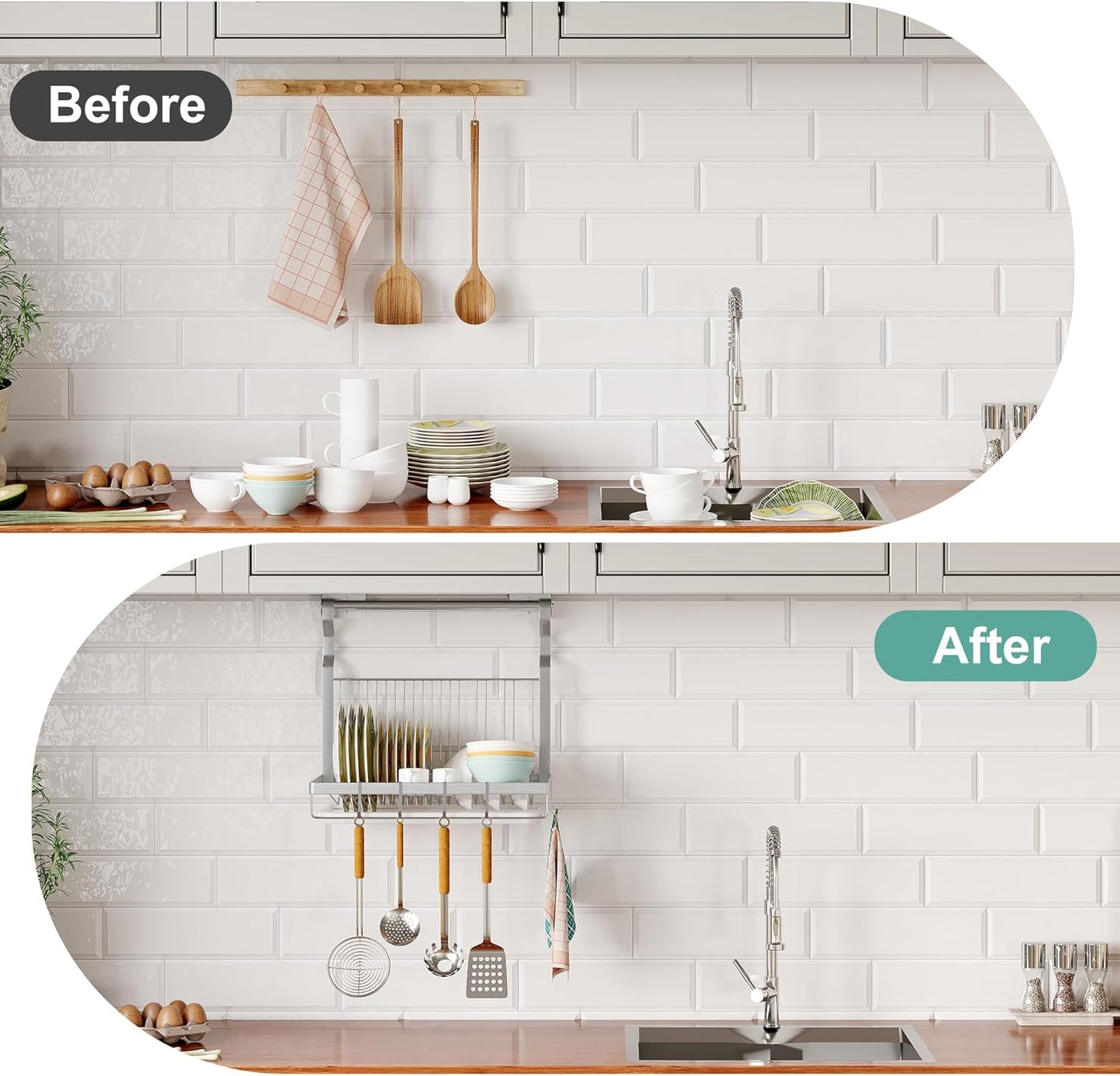 over Sink Dish Drainer Drying Rack, Stainless Steel Foldable Wall Mounted Dish Racks with Drainboard Hanging Rod and Sponge Holder, Silver