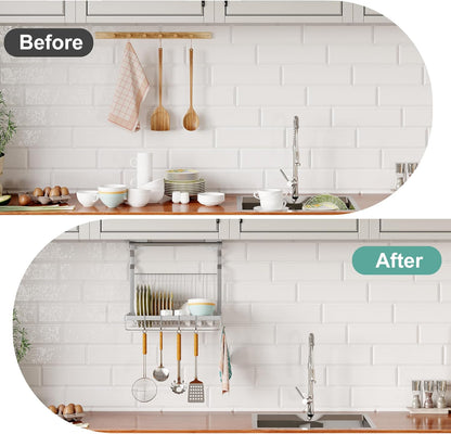 over Sink Dish Drainer Drying Rack, Stainless Steel Foldable Wall Mounted Dish Racks with Drainboard Hanging Rod and Sponge Holder, Silver