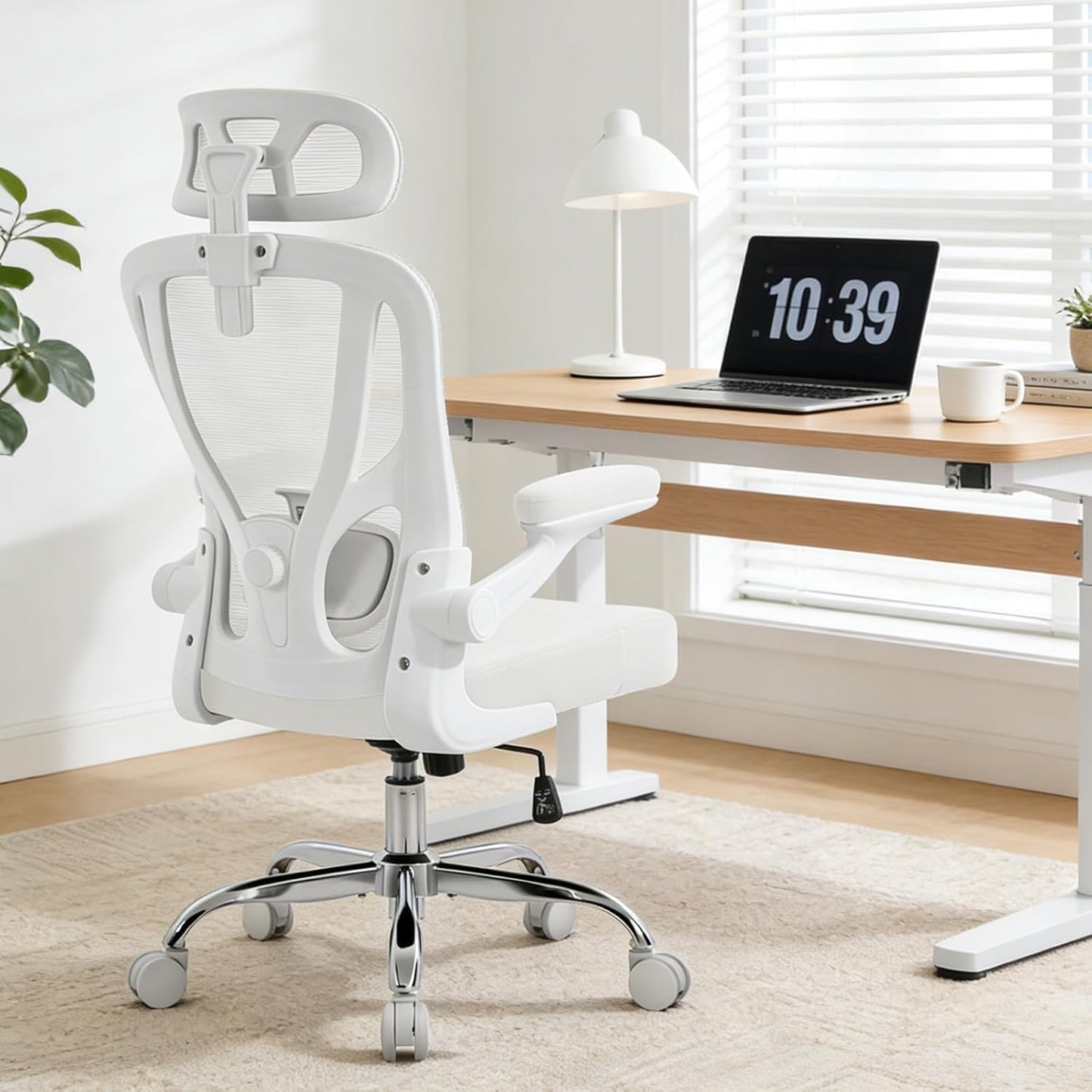 Office Chair Ergonomic Office Chair with Lumbar Support, Head Support, Rocking Function, Flip-Up Armrests, Mesh High Back Chair Home Office Desk Chair, Suitable for Home, Office, White