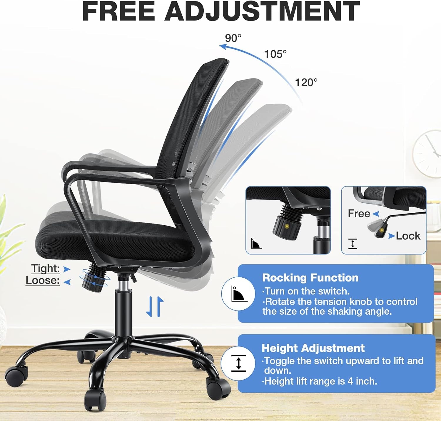 Office Chair - Ergonomic Office Chair Mid Back Office Desk Chair with Wheels Computer Chair with Lumbar Support Home Office Chair with Armrests for Adults, Black