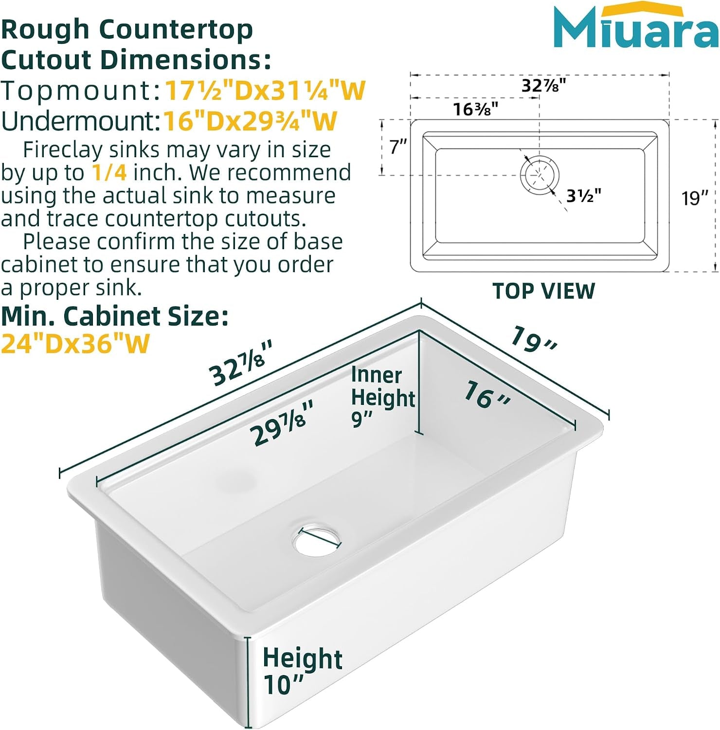 White Undermount or Drop in Workstation Kitchen Sink 33 X 19 Inch | for Kitchen, Fireclay Large Single Bowl, Dual Mount: under or Top Mount, Resistant to Stain, Heat, Chipping & Scratchs