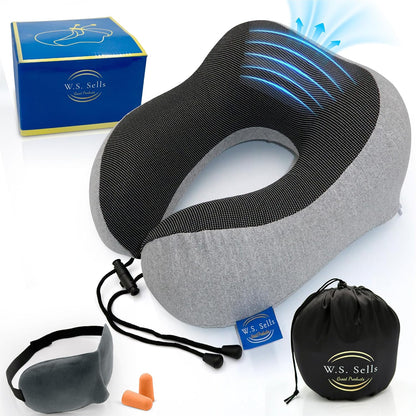 W.S. Sells Travel Neck Pillows for Airplanes - Pure Memory Foam with Ergonomic Design & Breathable Fabric - Travel Pillows for Airplanes & Cars - Set of Travel Essentials with Sleep Mask & Ear Plugs