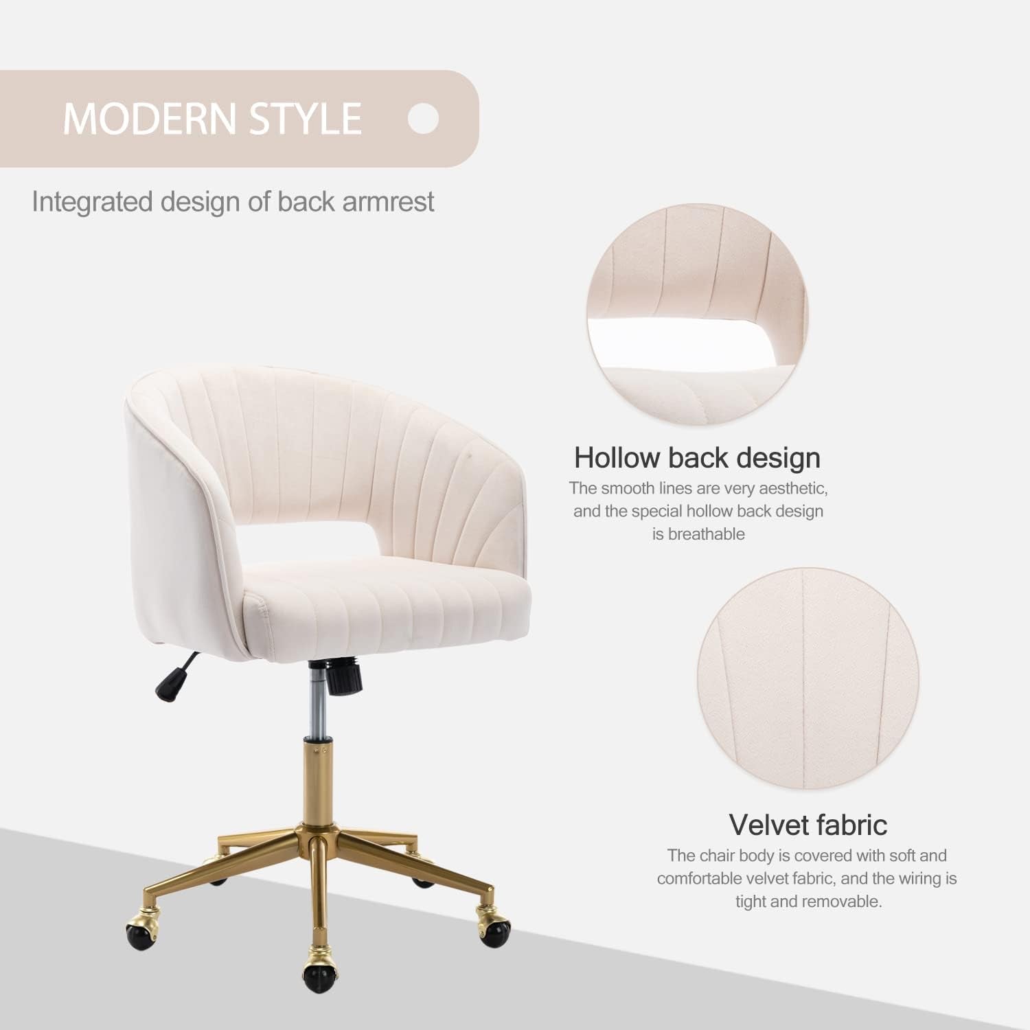 Velvet Office Desk Chair, Upholstered Home Office Desk Chairs with Adjustable Swivel Wheels, Ergonomic Office Chair for Living Room, Bedroom, Office, Vanity Study (Beige)