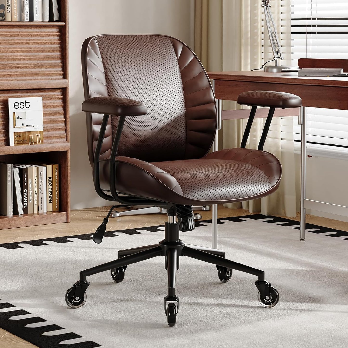 Home Office Desk Chair, Adjustable Comfy Office Chair with Wheels,Leather Office Chair with Removable Armrests, Office Desk Chair with Lumbar Support for Home Office or Workspace, Dark Brown