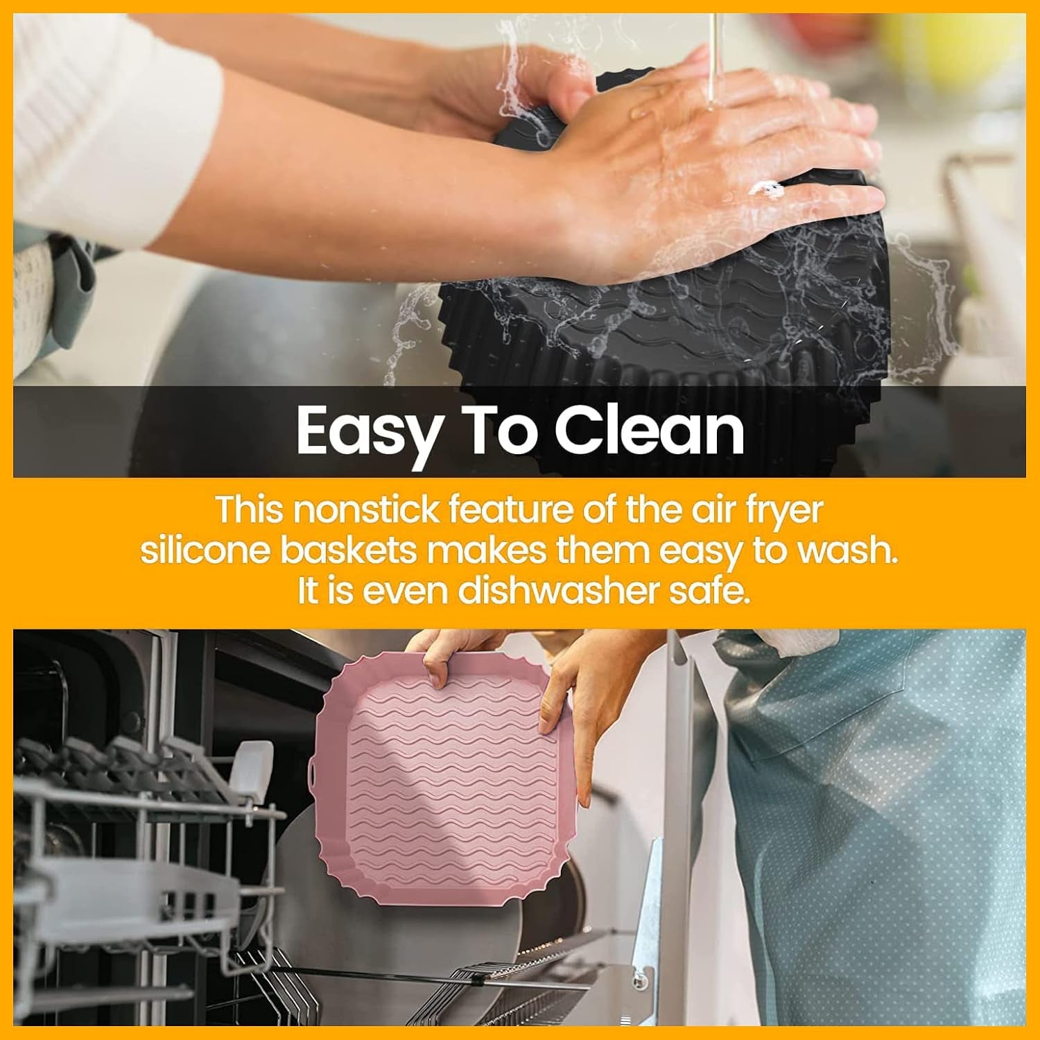 8 Inch Square Silicone Air Fryer Liners (2 Pack) Pink & Grey Reusable Non-Stick Inserts with Handles for Mess-Free Cooking & Heat Resistance – for Airfryer Ninja COSORI Instant Vortex & More