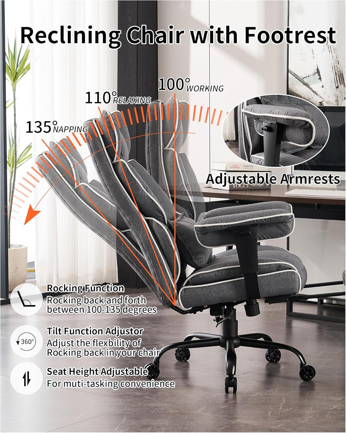 Fabric Office Chair, Big and Tall Office Chair 400 Lb Weight Capacity, High Back Executive Office Chair with Foot Rest, Ergonomic Office Chair for Back Pain Relief, Gray