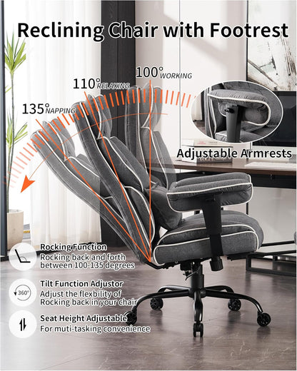 Fabric Office Chair, Big and Tall Office Chair 400 Lb Weight Capacity, High Back Executive Office Chair with Foot Rest, Ergonomic Office Chair for Back Pain Relief, Gray