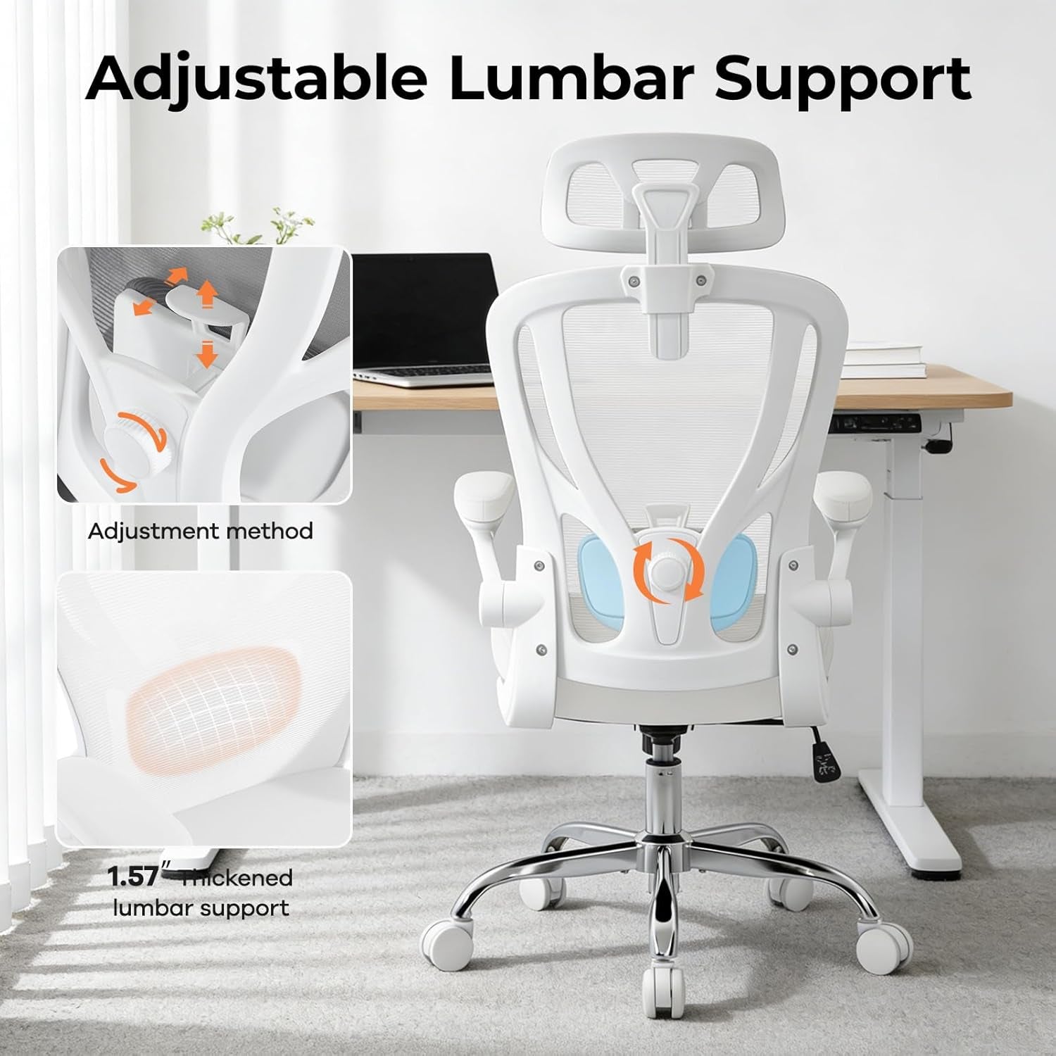 Office Chair Ergonomic Office Chair with Lumbar Support, Head Support, Rocking Function, Flip-Up Armrests, Mesh High Back Chair Home Office Desk Chair, Suitable for Home, Office, White
