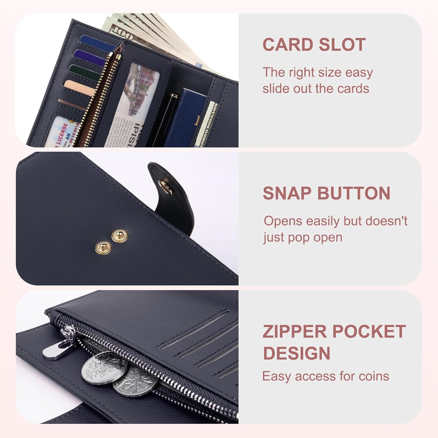 Wallet for Women RFID Blocking Leather Trifold Clutch Wallet Credit Card Holder Ladies Travel Wallet Purse with Pen Holder