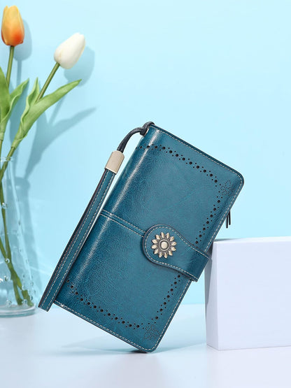 Womens Large Capacity Genuine Leather RFID Blocking Wallets Wristlet Clutch Card Holder