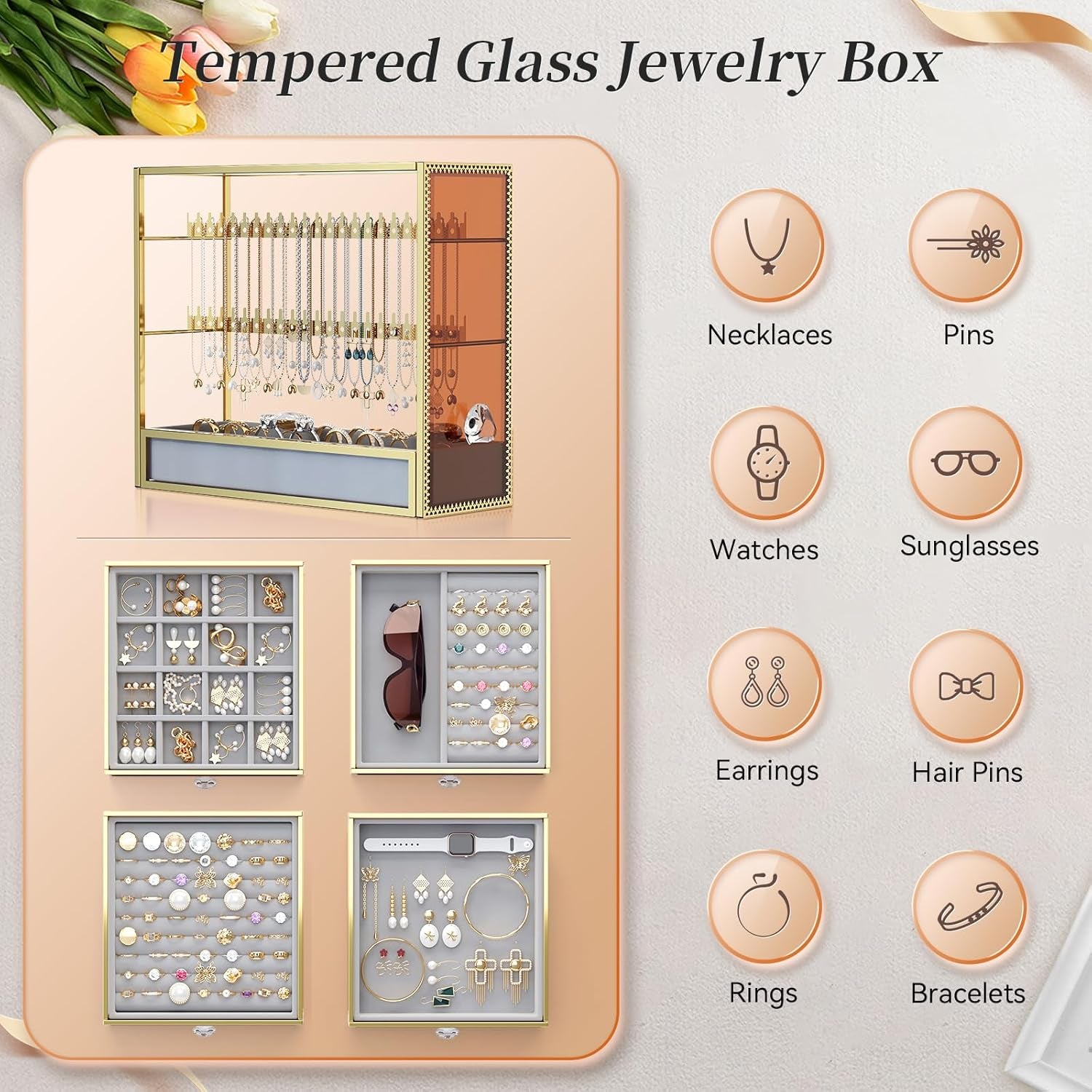 Youdepot Tempered Glass Makeup Organizer Countertop for Vanity & Skincare + 5-Drawer Glass Jewelry Box Organizer for Women with Velvet Storage