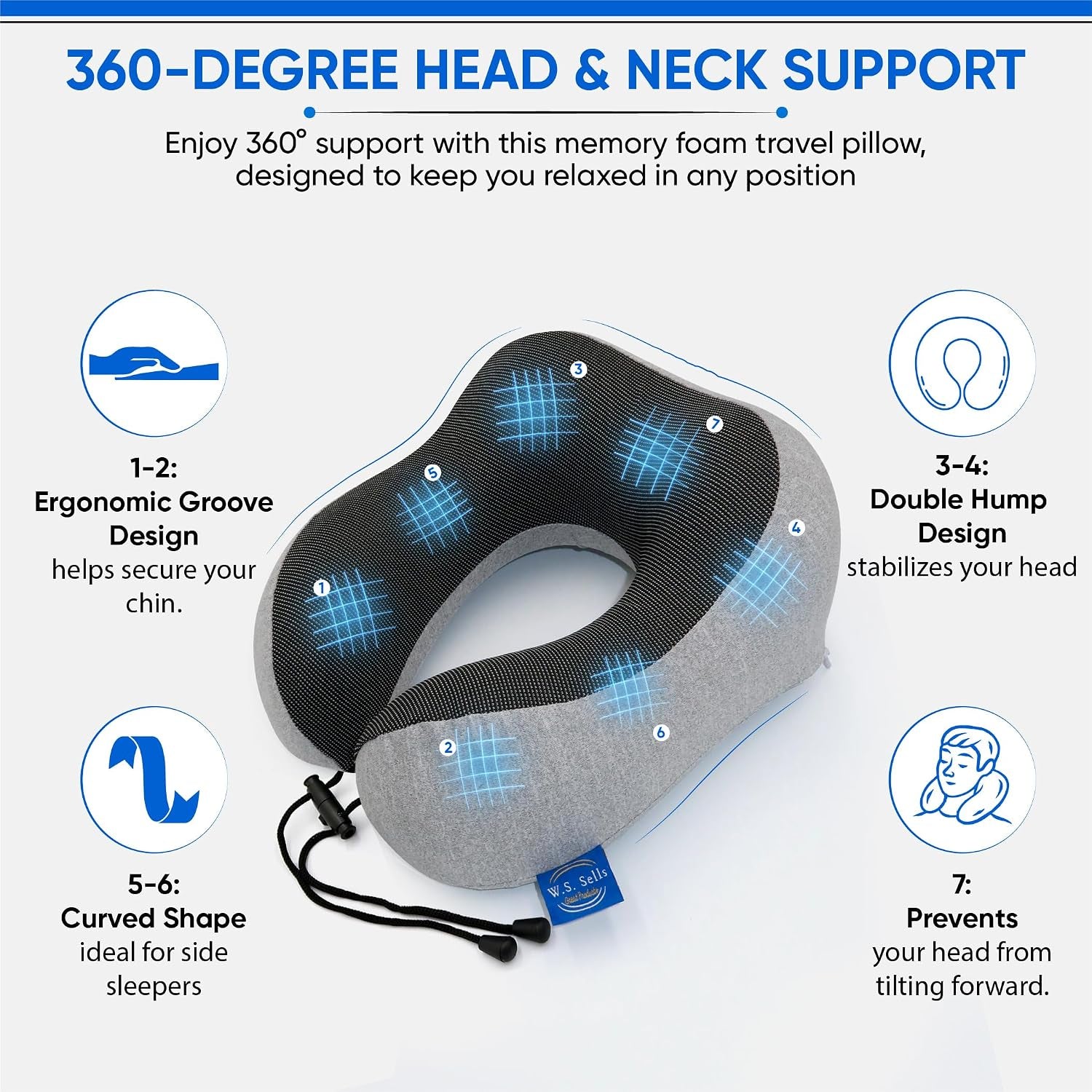 W.S. Sells Travel Neck Pillows for Airplanes - Pure Memory Foam with Ergonomic Design & Breathable Fabric - Travel Pillows for Airplanes & Cars - Set of Travel Essentials with Sleep Mask & Ear Plugs