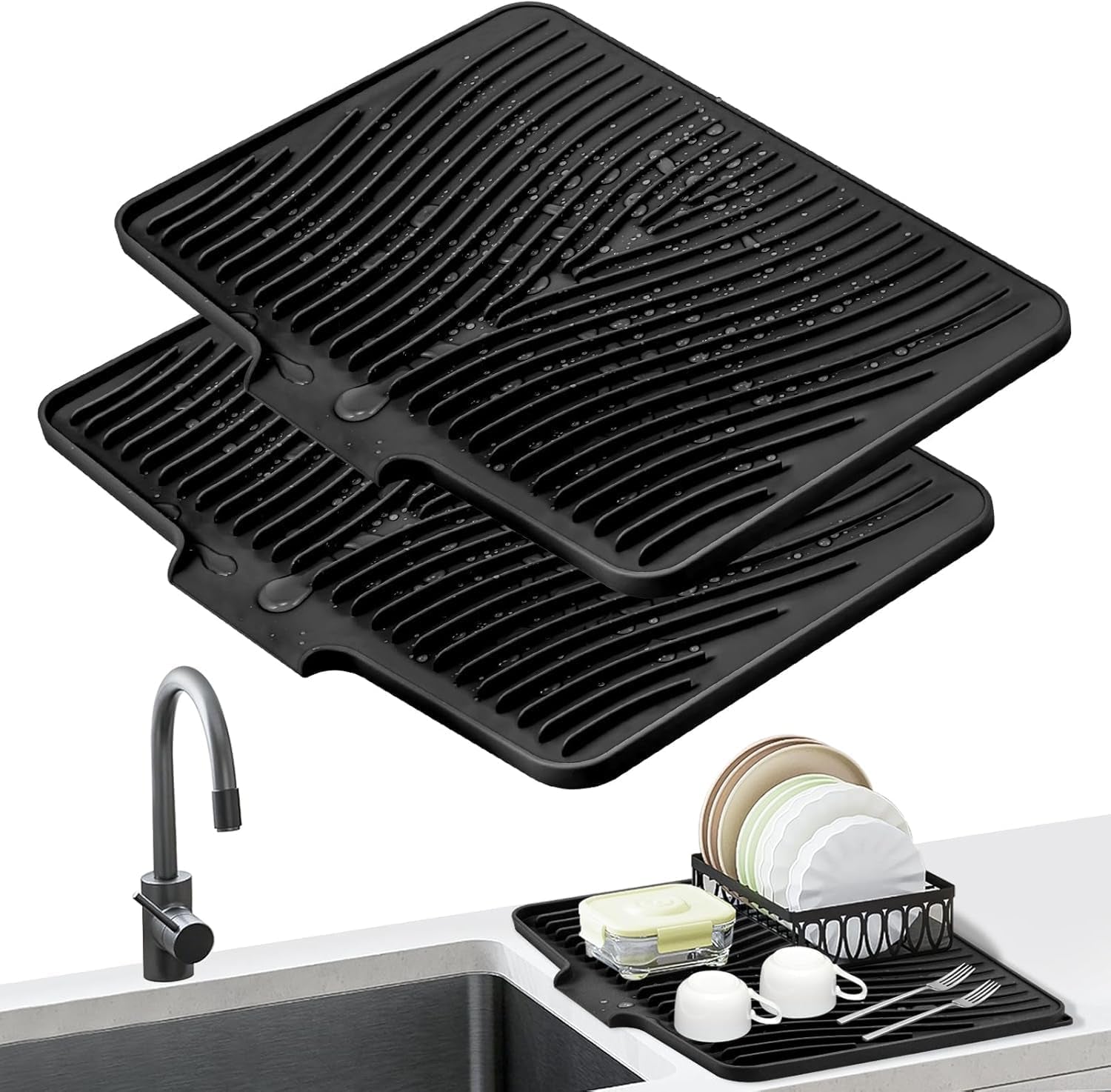 Silicone Dish Drying Mat for Kitchen Counter,Dish Drying Pad,Non-Slip Drain Pad with Built-In Drain,Heat Resistant Stone Drying Mat,15.8"X 13",Black,2Pcs
