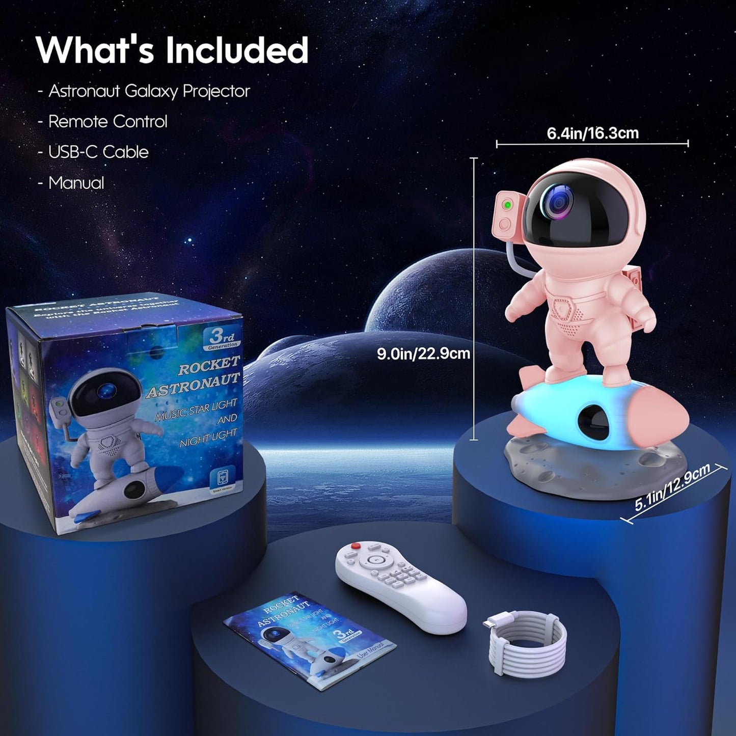 Astronaut Galaxy Projector, Star Nebula Projector with Rocket Lamp, Night Lights LED Star Projectors for Bedroom, Remote Control, White Noises, Bluetooth Speaker for Bedroom