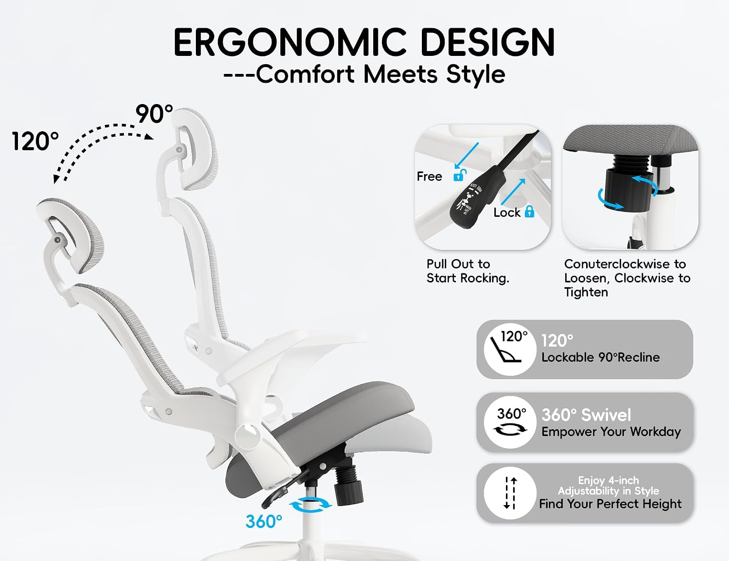 Office Chair - Ergonomic Office Chair with Back Support, Computer Chair - Home Office Desk Chairs, 330Lbs Wide Seat Big and Tall Office Chairs with Headrest, Comfy Desk Chairs (Grey)