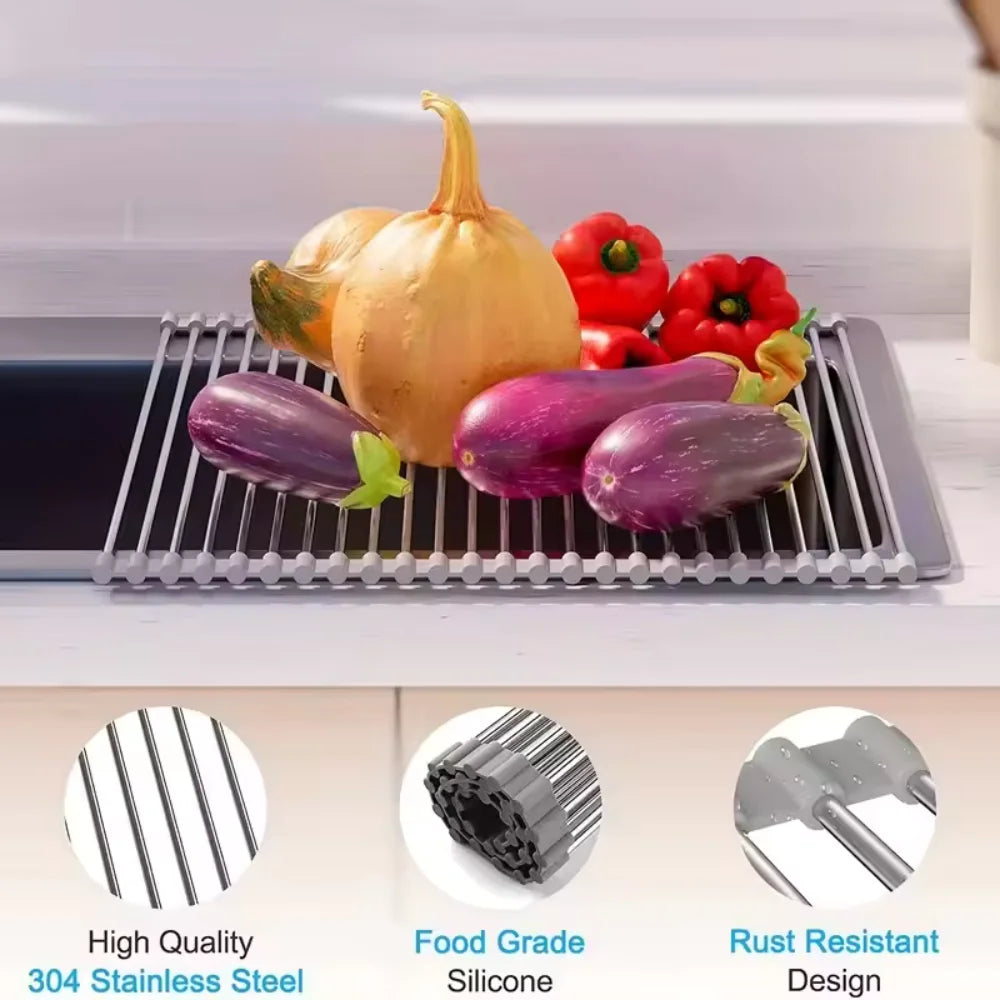 Rollable Foldable Stainless Steel Sink Drying Rack Kitchen Multifunctional Dish Drainer for Vegetable Fruit Storage