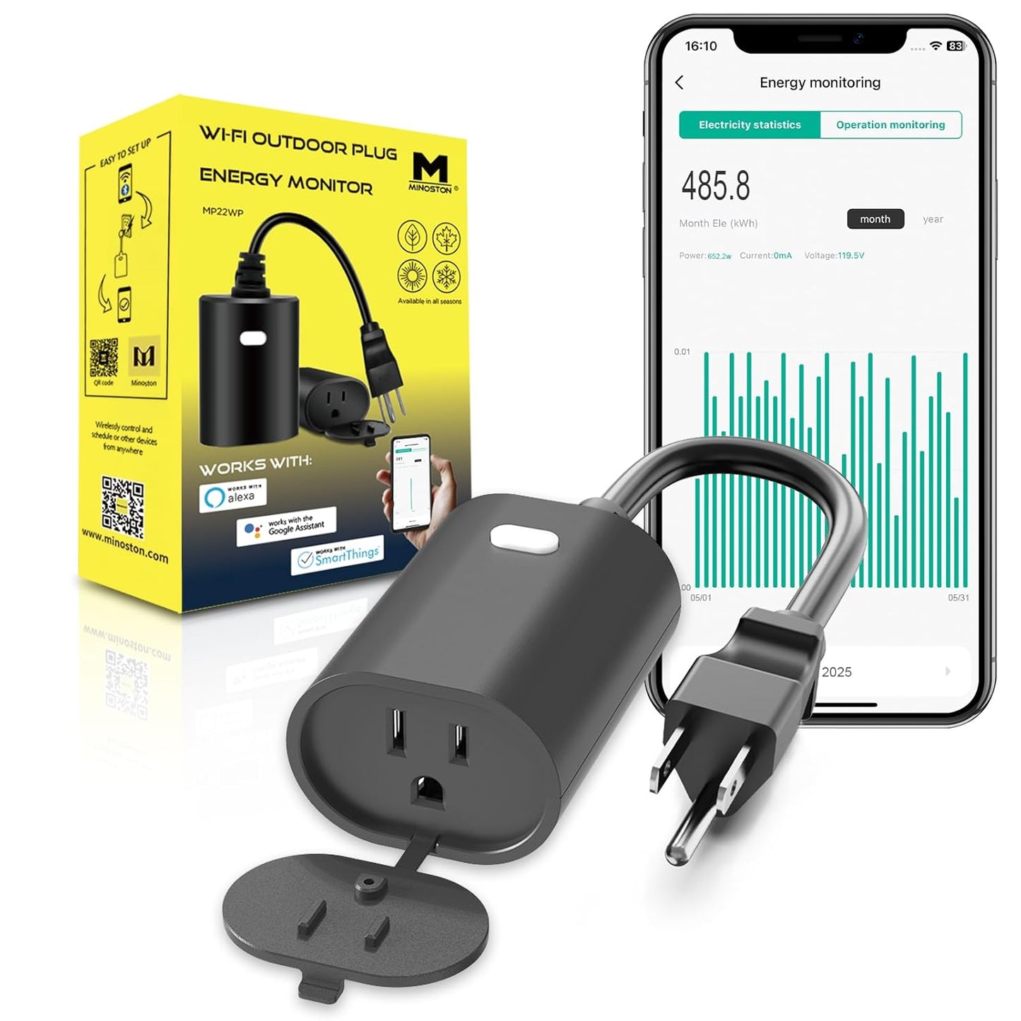 Outdoor Outlet, Wifi Smart Plug in Energy Monitoring, 2.4Ghz Wi-Fi Plugs, Compatible with Alexa and Smart Life, IP65 Waterproof Outlet 15A (MP22WP)