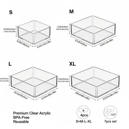 Acrylic Clear Drawer Organizer Set | Cosmetic Storage Box for Vanity, Desk & Office