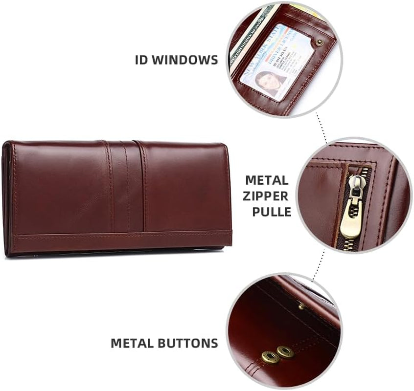 RFID Blocking Wallets for Women Leather Long Ladies Wallet Bifold Womens Wallet with Coin Pocket ID Window,Coffee