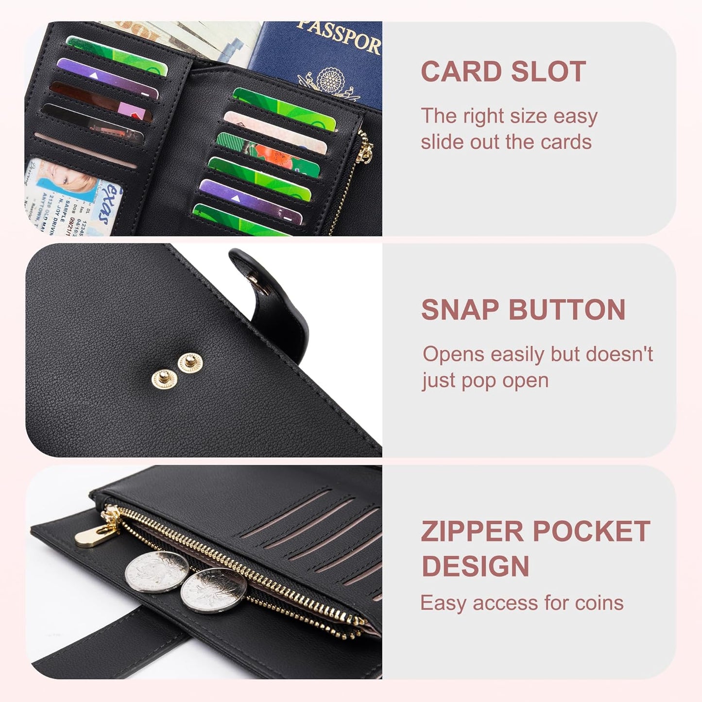 Wallet Women RFID Blocking Leather Trifold Clutch Wallet Credit Card Holder Ladies Travel Wallet Purse with Pen Holder