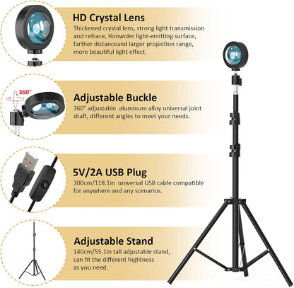 Sunset Floor Lamp Projection 140Cm Adjustable Stand Led Night Light 360 Degree Rotation Network Light with 3M USB Cable Floor Light for Living Room Bedroom