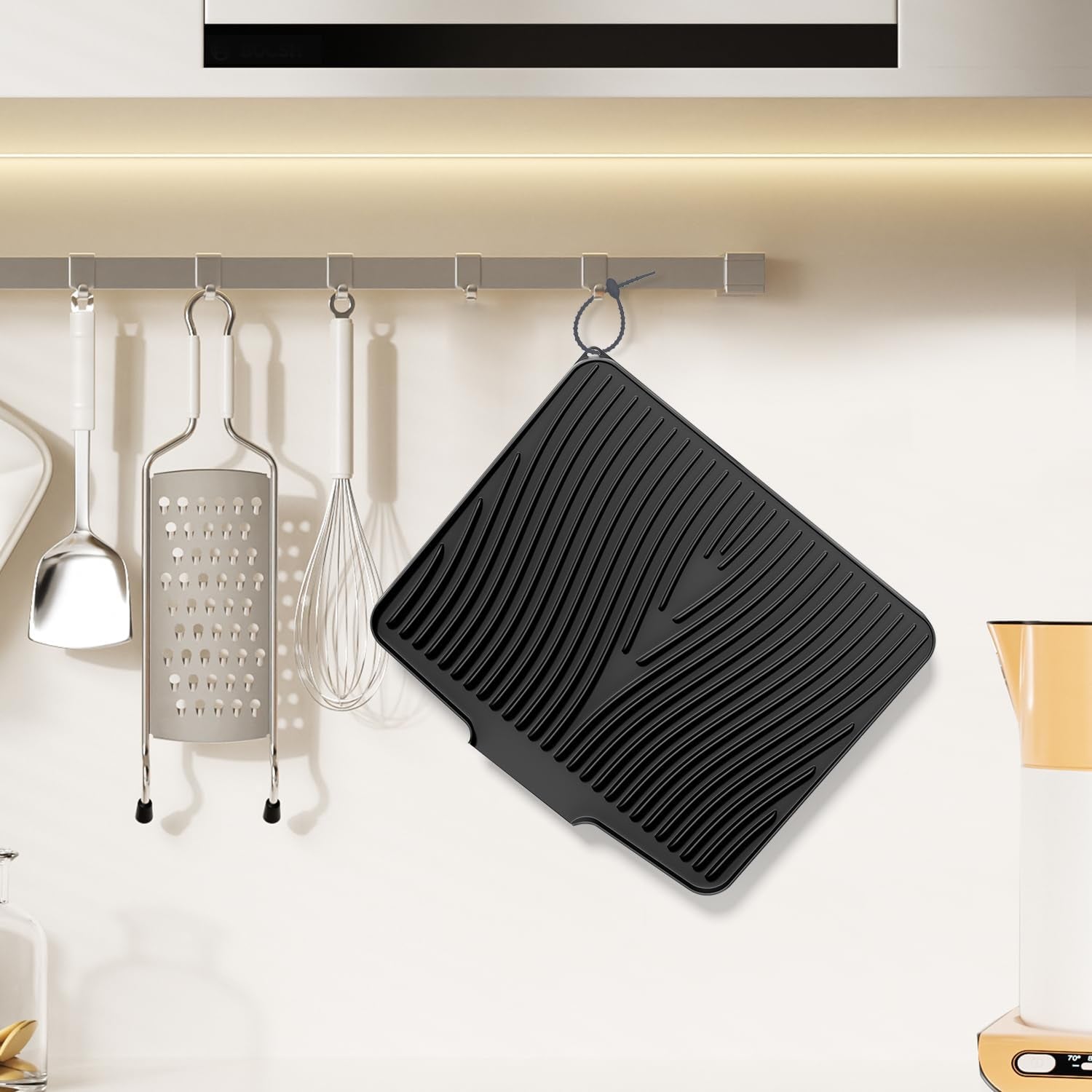 Silicone Dish Drying Mat for Kitchen Counter,Dish Drying Pad,Non-Slip Drain Pad with Built-In Drain,Heat Resistant Stone Drying Mat,15.8"X 13",Black,2Pcs
