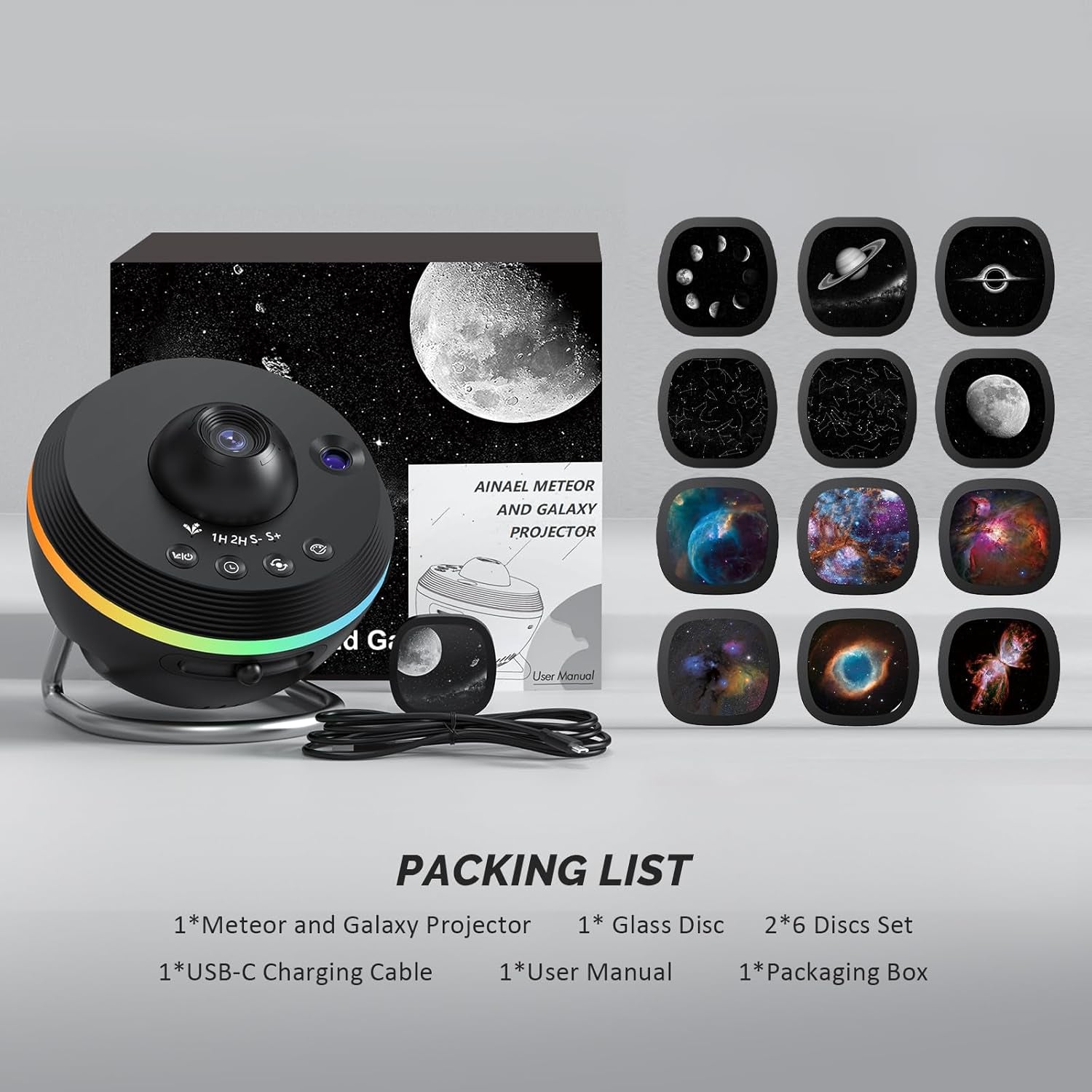 Galaxy Projector, Star Projectors Home Planetarium Space Ceiling Starry Sky Night Light with Light Strip, Meteor and Galaxy Projector & 2 Films Set for Kid Adult Gift (Black)