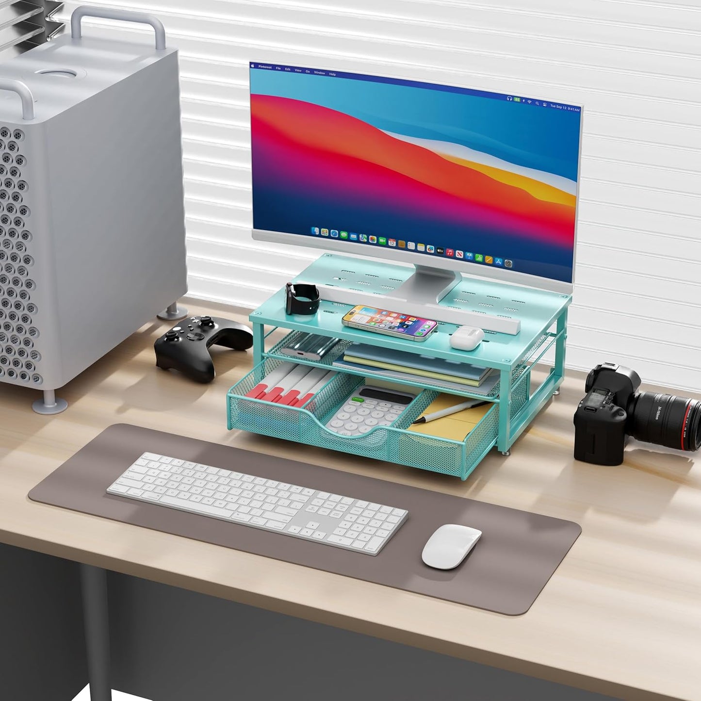 Computer Monitor Stand Riser, Office Organizer with Drawer, Office Organizers Storage for Classroom Office Supplies (Blue)