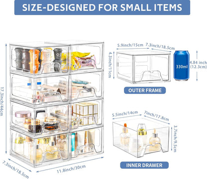 Plastic Drawers Storage, 6 Pack Clear Stackable Storage Drawers, Acrylic Storage Bins with Drawers for Fridge Organizers, Small Plasticdrawers Stackable for Makeup Organizers Cosmetic Display
