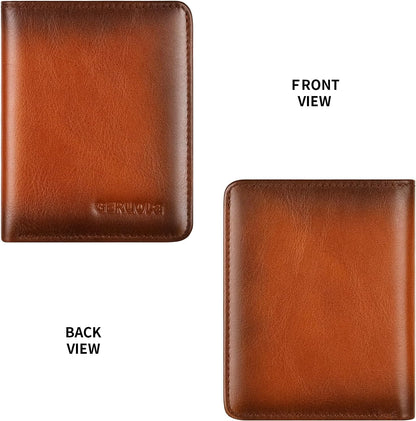 Bifold Slim Men Wallet Genuine Leather Thin, Small Vertical RFID Blocking Wallets for Men ，Compact & Stylish with Clear ID Windows (Brown)