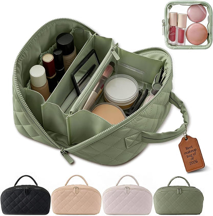 Travel Makeup Bag Toiletry Bags for Women Small Cute Brush Quilted Skincare Organizer Set My Parallel Toiletries Cosmetic Puffer Fold down Traveling Organizers Mini Purse Skin Care Lay Flat