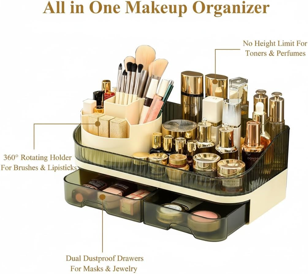 Makeup Organizer Countertop with Dual Drawers, Large Capacity Cosmetic Storage for Vanity Bathroom Skincare, 360° Rotating Makeup Brush Holder